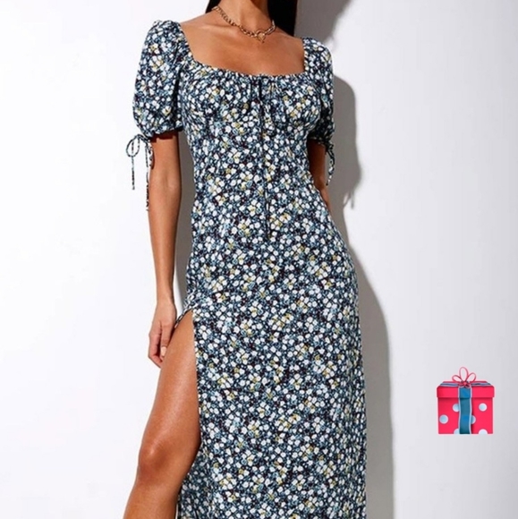 Dresses & Skirts - Square Neck Puffy Sleeves Split Print Casual Midi